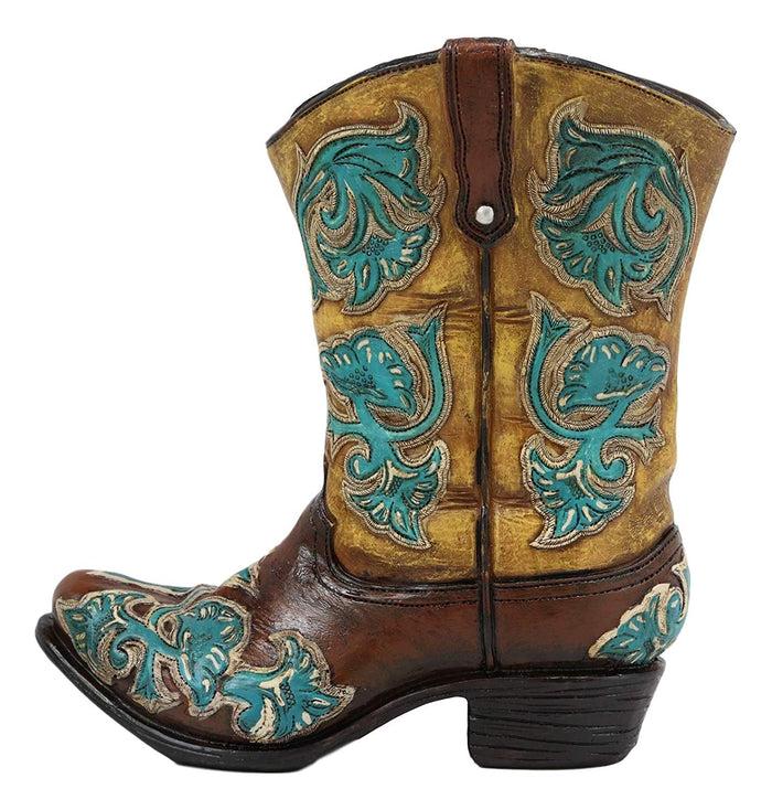 Ebros 7"H Rustic Western Cowboy Teal Brown Boot Figurine Stationery Holder Flower Vase