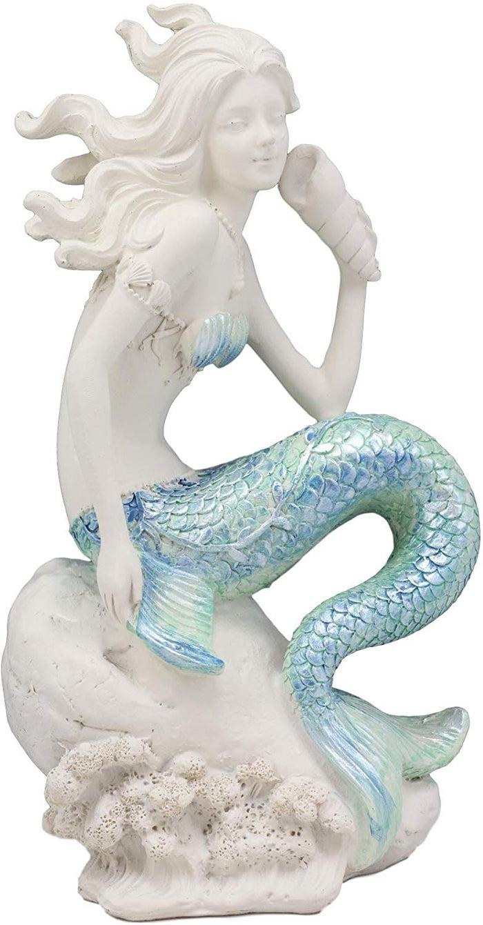 Ebros 8"H Nautical Blue Tailed Mermaid Seated On Rock Listening To Conch Statue