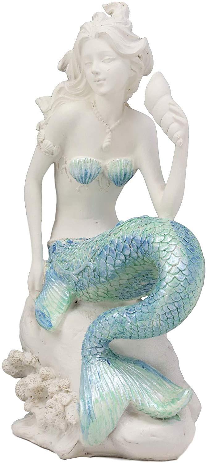 Ebros 8"H Nautical Blue Tailed Mermaid Seated On Rock Listening To Conch Statue