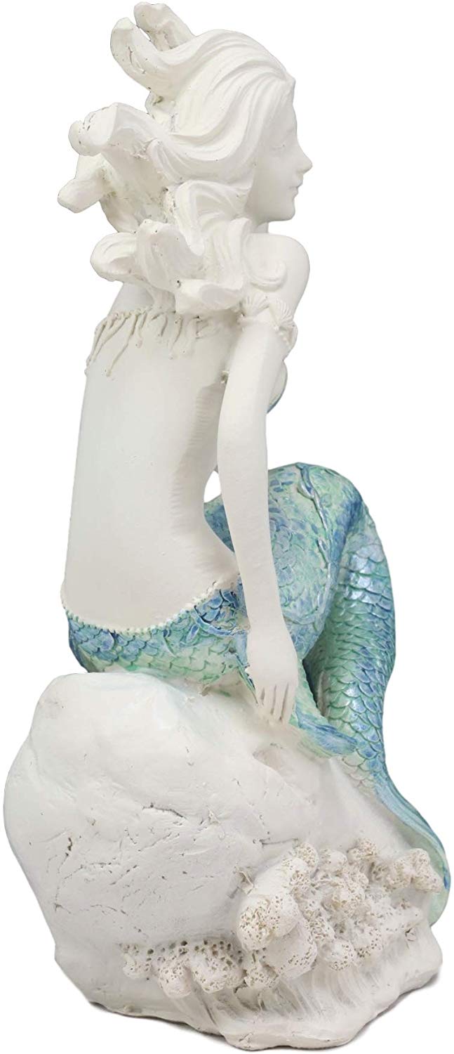 Ebros 8"H Nautical Blue Tailed Mermaid Seated On Rock Listening To Conch Statue