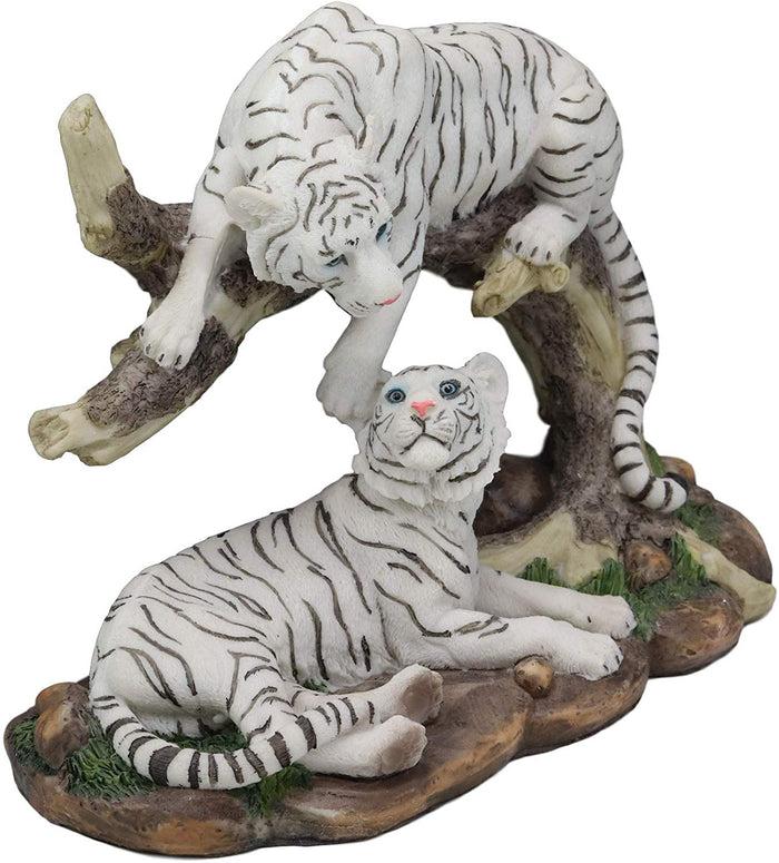 Ebros 9.25" Wide Albino Bengal White Tiger Couple Playing By Curved Tree Branch Statue As Predator Forest Tigers Giant Cats Jungle Frolic Decorative Figurine Perfect For Shelves Desktops Accent