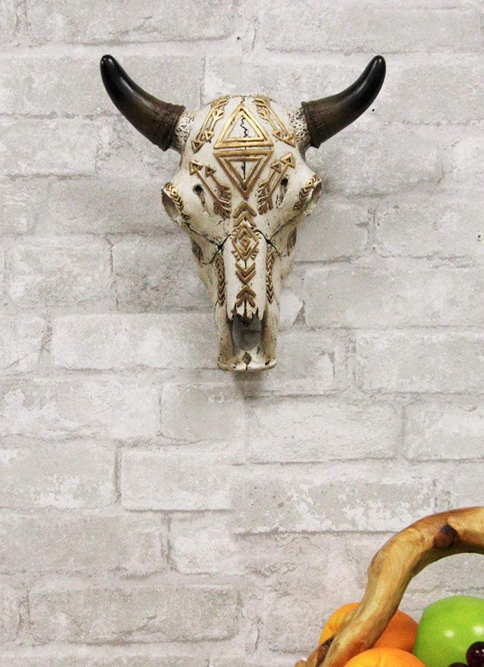 Ebros 9" Wide Western Southwest Steer Bison Buffalo Bull Cow Horned Skull Head Gold Triangles And Arrows Inlay Design Wall Mount Decor