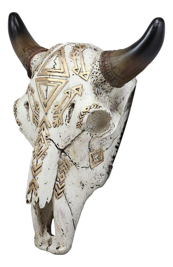 Ebros 9" Wide Western Southwest Steer Bison Buffalo Bull Cow Horned Skull Head Gold Triangles And Arrows Inlay Design Wall Mount Decor