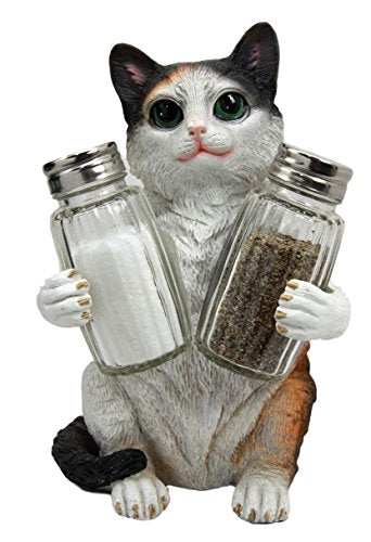 Ebros Adorable Calico Furry Feline Kitty Cat Salt Pepper Shakers Holder Figurine 8.25" H
