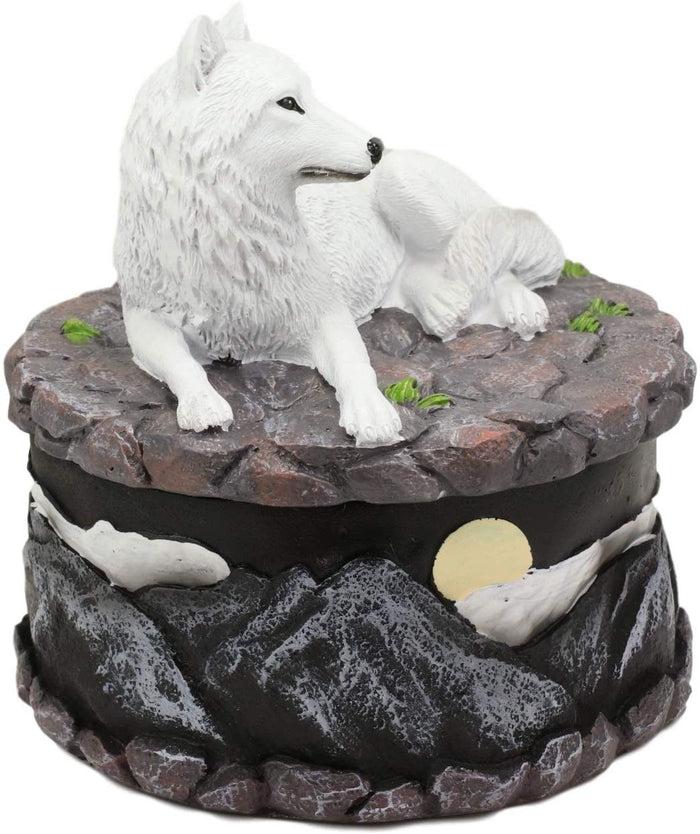 Ebros Albino White Wolf In Repose Round Jewelry Decorative Box 5.25" Diameter