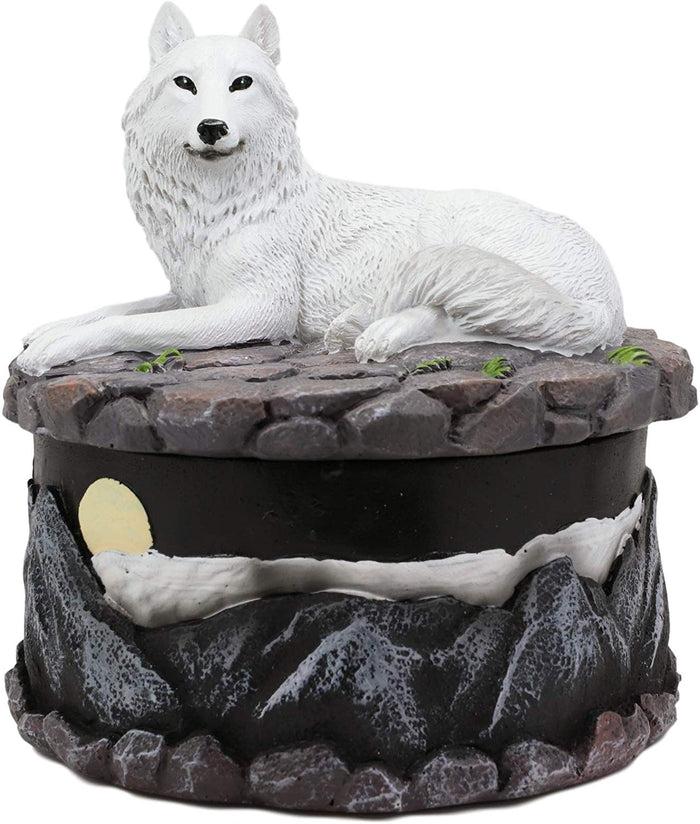 Ebros Albino White Wolf In Repose Round Jewelry Decorative Box 5.25" Diameter