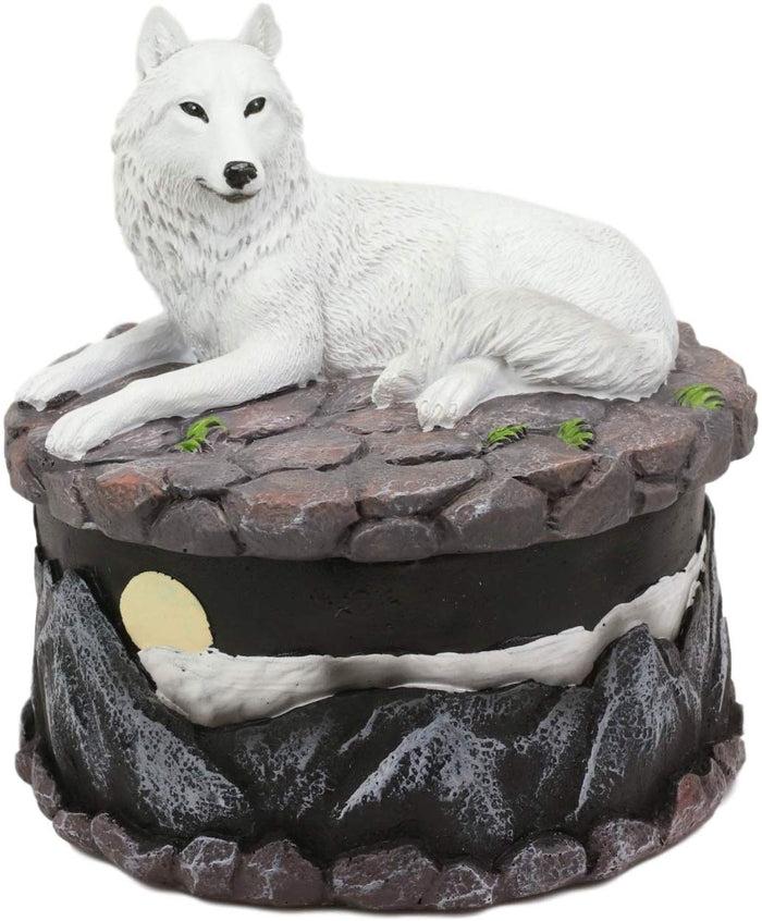 Ebros Albino White Wolf In Repose Round Jewelry Decorative Box 5.25" Diameter