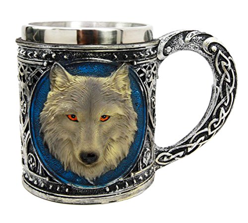 Ebros Alpha Gray Wolf Celtic Tribal Magic Resin 16oz Mug W/ Stainless Steel Rim