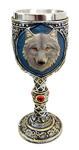 Ebros Alpha Gray Wolf Celtic Tribal Tattoo Red Crystal Magic Wine Chalice Goblet Cup
