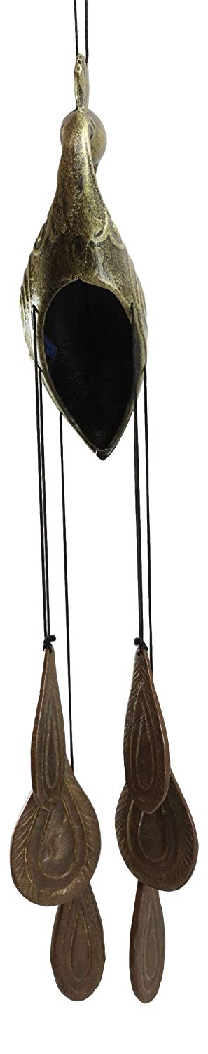 Ebros Aluminum And Brass Peacock Bird With Train Feathers Ornaments Wind Chime
