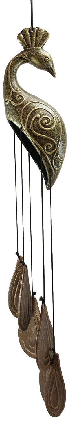 Ebros Aluminum And Brass Peacock Bird With Train Feathers Ornaments Wind Chime