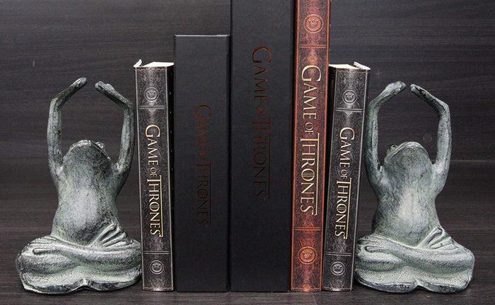 Ebros Aluminum And Resin Whimsical Yoga Frogs Seated In Mountain Pose Bookends Pair Set Statue 6.75" High Garden Pond Frog Toad Themed Decorative Office Study-Room Library Shelves Desktop Figurines