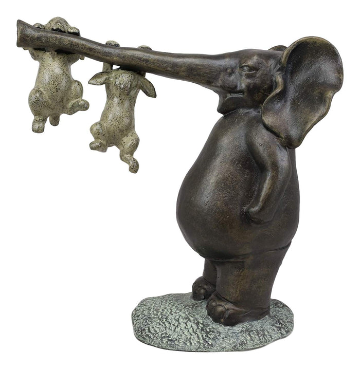 Ebros Aluminum Elephant With Two Playful Rabbits Hanging On Its Trunk Statue