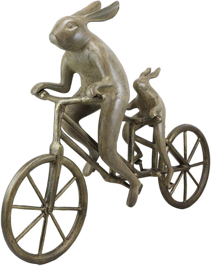 Ebros Aluminum Father & Son Rabbits Riding Tandem Bicycle 27"L Garden Statue