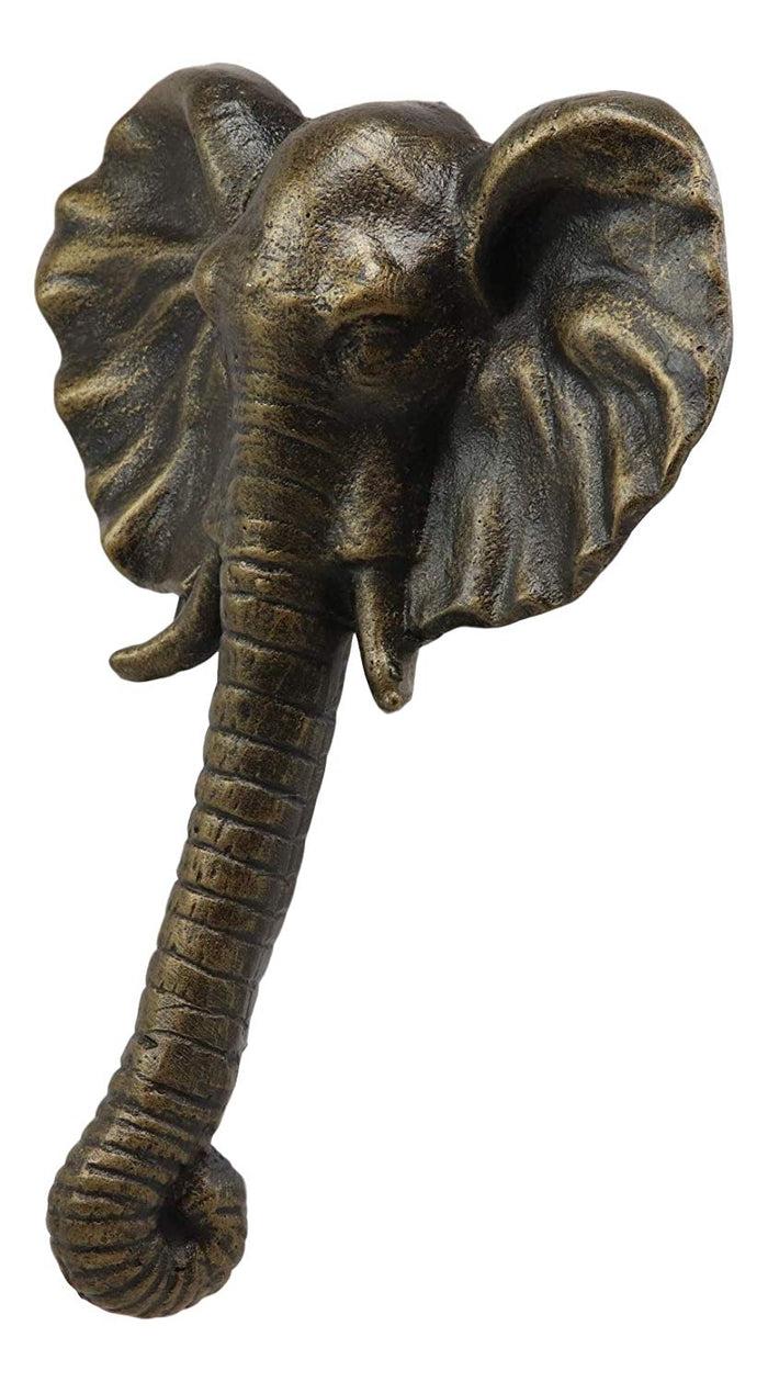 Ebros Aluminum Metal Hand Painted Bronze Color Safari Tusked Elephant Head Door Knocker With Strike Plate 10.5" High Decorative Jungle Forest Grasslands Elephants
