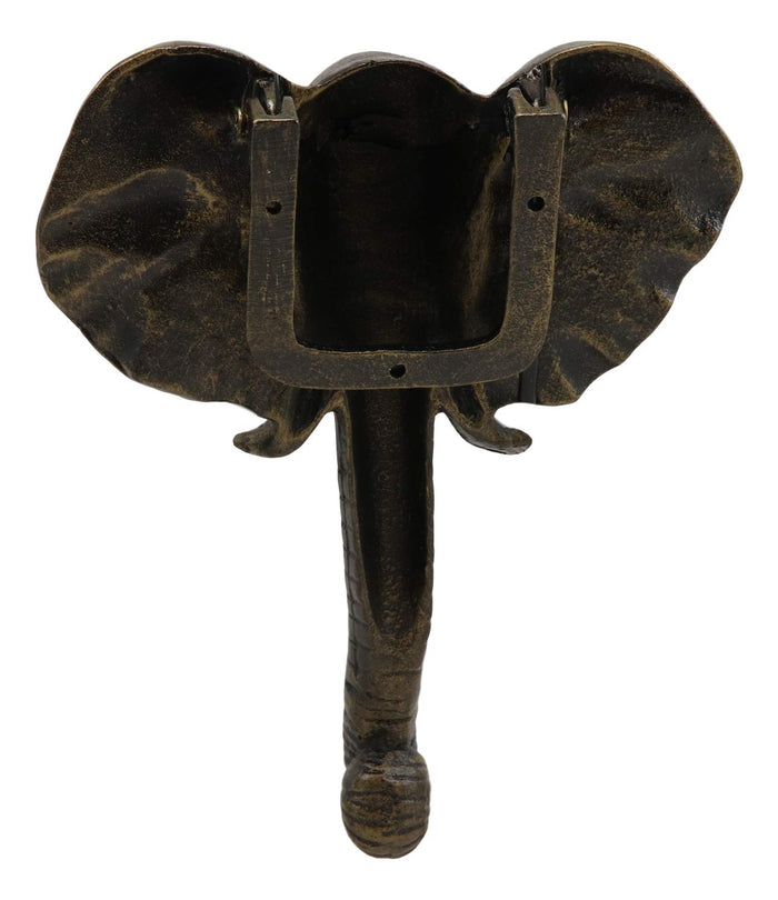 Ebros Aluminum Metal Hand Painted Bronze Color Safari Tusked Elephant Head Door Knocker With Strike Plate 10.5" High Decorative Jungle Forest Grasslands Elephants
