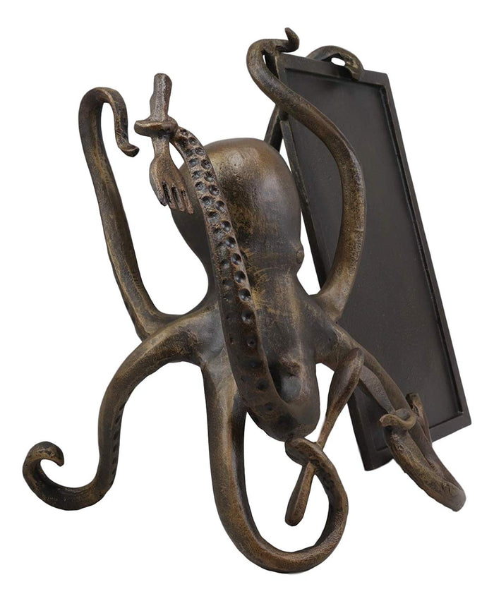 Ebros Aluminum Nautical Ocean Giant Sea Octopus Chef Holding Cutlery And Menu Board Statue 11.25" Tall Coastal Beach Kraken Home Kitchen And Dining Countertop Table Decor Sculpture