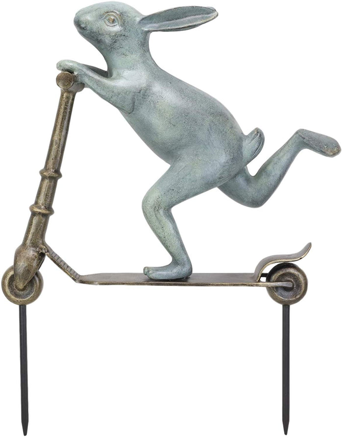 Ebros Aluminum Speedy Bunny Rabbit Riding On Scooter 18"H Garden Stake Statue