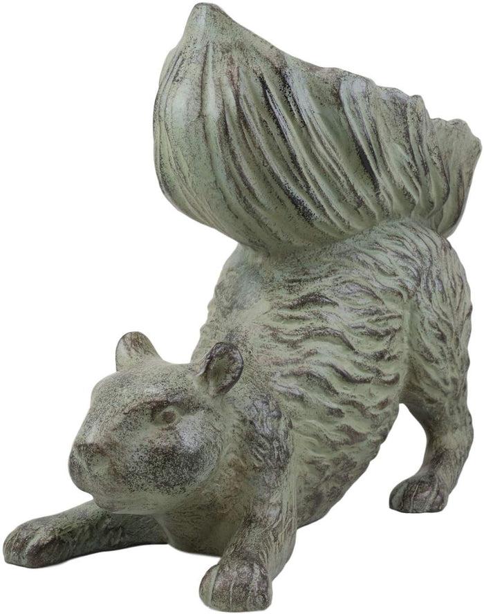 Ebros Aluminum Squirrel Statue W/ Dish Bowl Tail Garden Bird Feeder Bath 15"L