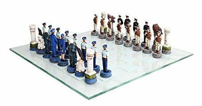 Ebros American Military Branches US Air Force VS Marine Corps Chess Set W/ Glass