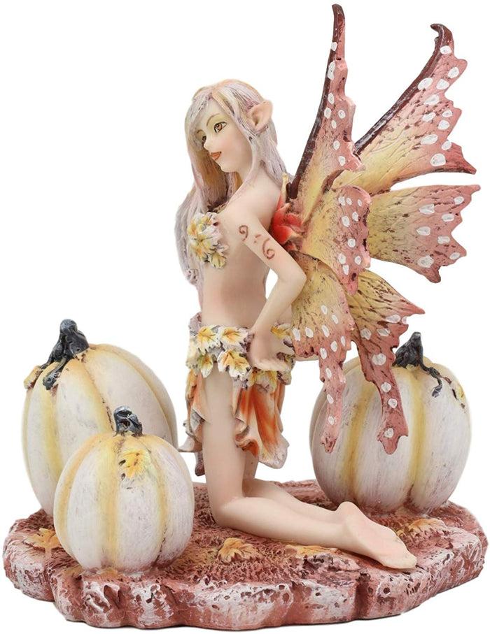 Ebros Amy Brown Autumn Maple Elf Fairy With White Pumpkins Statue 5" Long
