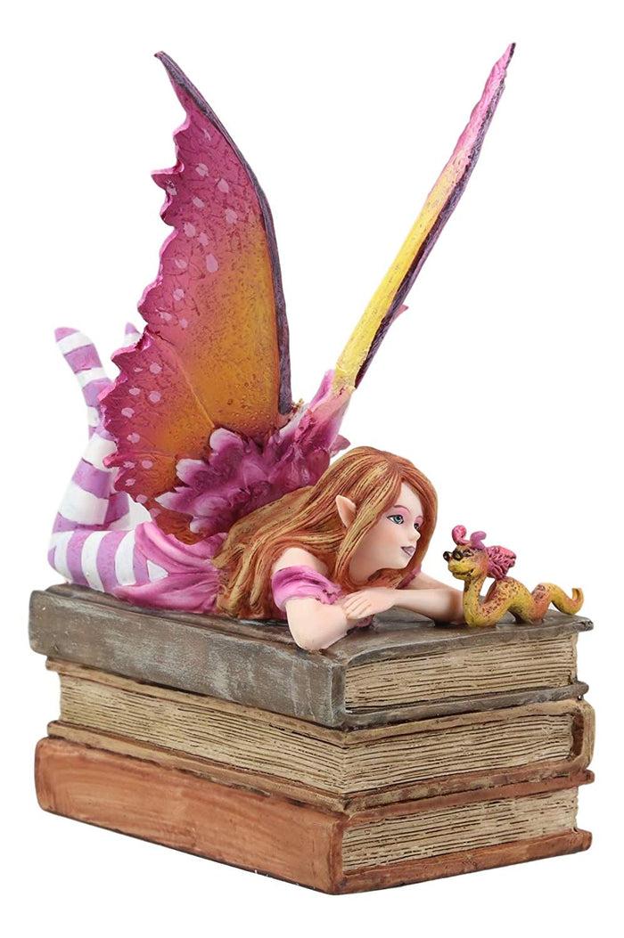 Ebros Amy Brown Autumn Pink Book Club Fan Fairy With Wyrmling Dragon On A Stack Of Books Statue 7" High Fantasy Mythical Reading Faery FAE Magic Watercolor Collectible Decor Figurine