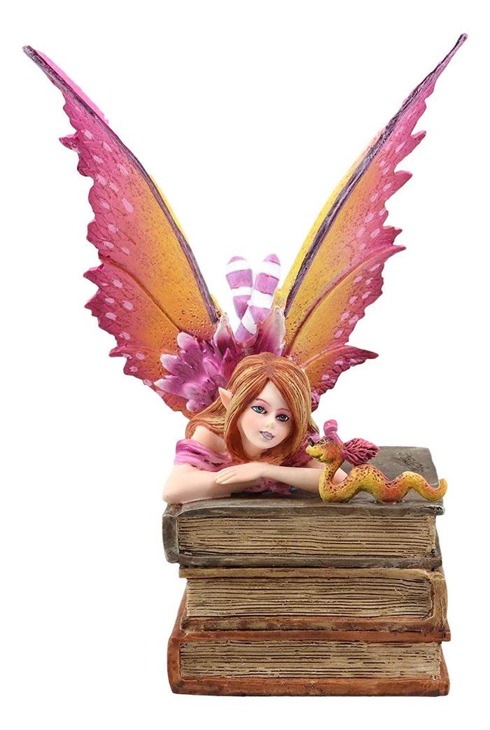 Ebros Amy Brown Autumn Pink Book Club Fan Fairy With Wyrmling Dragon On A Stack Of Books Statue 7" High Fantasy Mythical Reading Faery FAE Magic Watercolor Collectible Decor Figurine