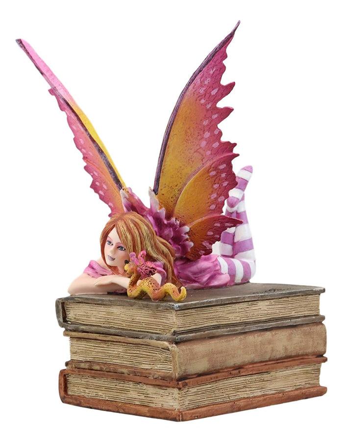 Ebros Amy Brown Autumn Pink Book Club Fan Fairy With Wyrmling Dragon On A Stack Of Books Statue 7" High Fantasy Mythical Reading Faery FAE Magic Watercolor Collectible Decor Figurine