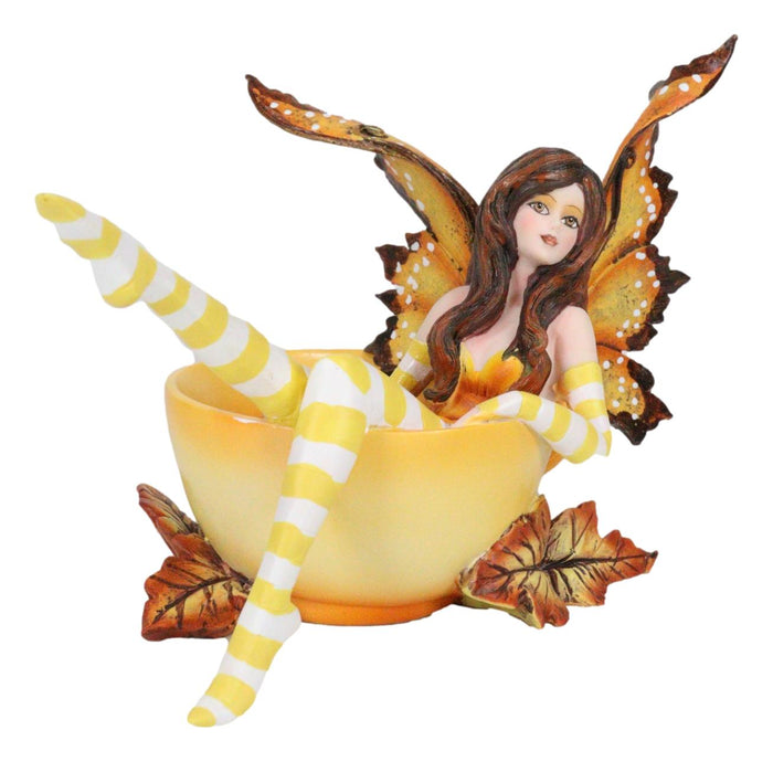 Ebros Amy Brown Collection Autumn Fall Pumpkin Spice Tea Cup Fairy Figurine Fantasy Decor Statue