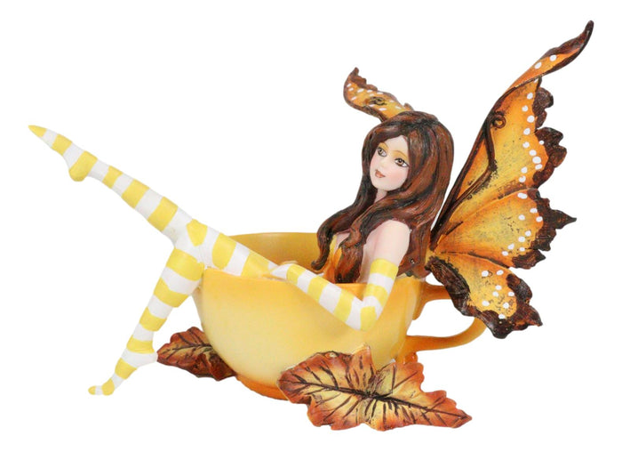Ebros Amy Brown Collection Autumn Fall Pumpkin Spice Tea Cup Fairy Figurine Fantasy Decor Statue