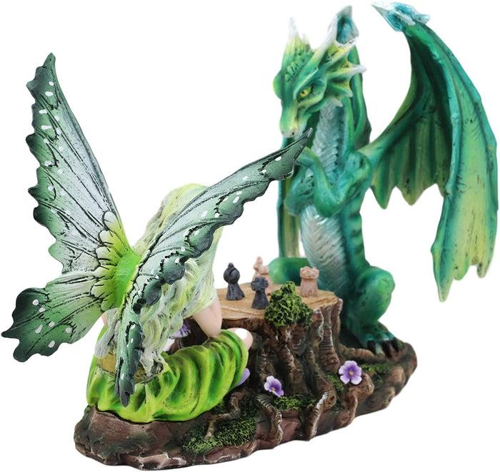 Ebros Amy Brown Elf Earth Fairy With Green Dragon Playing Chess Statue 7"H