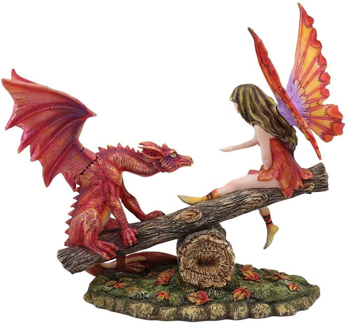 Ebros Amy Brown Elf Fire Fairy With Red Dragon On Wood Logs Seesaw Statue 8.5" H