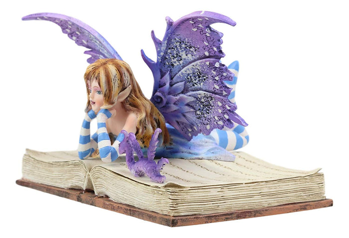 Ebros Amy Brown Purple Lavender Book Worm Fairy With Pet Dragon Statue 7.25" Long Fantasy Mythical Reading Faery FAE Magic Watercolor Collectible Decor Figurine
