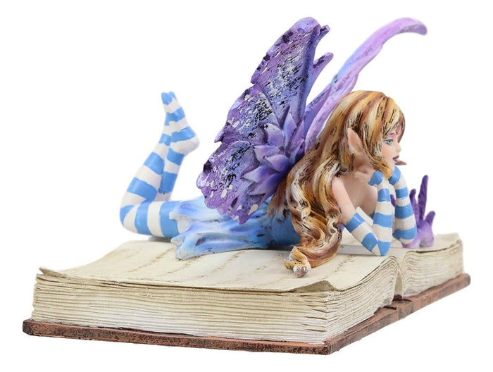 Ebros Amy Brown Purple Lavender Book Worm Fairy With Pet Dragon Statue 7.25" Long Fantasy Mythical Reading Faery FAE Magic Watercolor Collectible Decor Figurine
