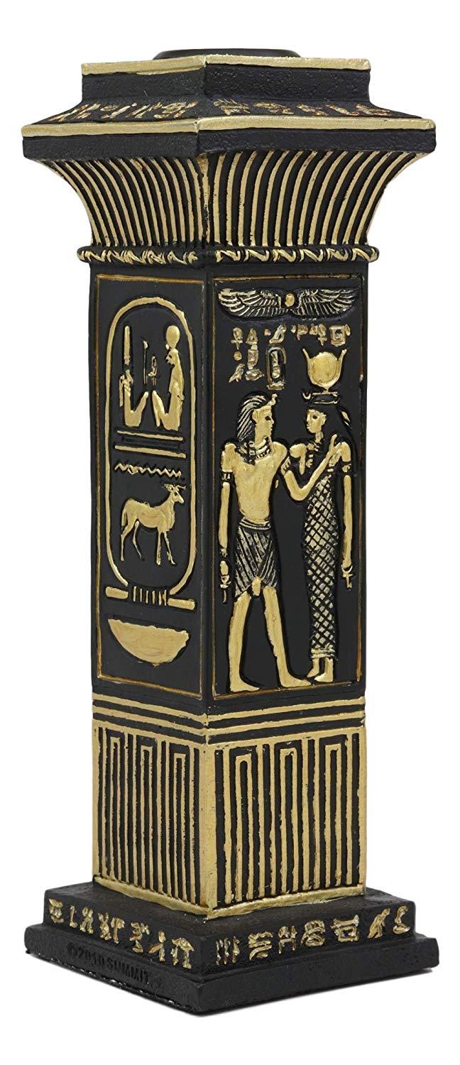 Ebros Ancient Classical Egyptian Black And Gold Hieroglyphs Royal Pillar Column Pharaoh And Isis Candle Holder Figurine 6.75" Tall Candleholder Home Decor Statue