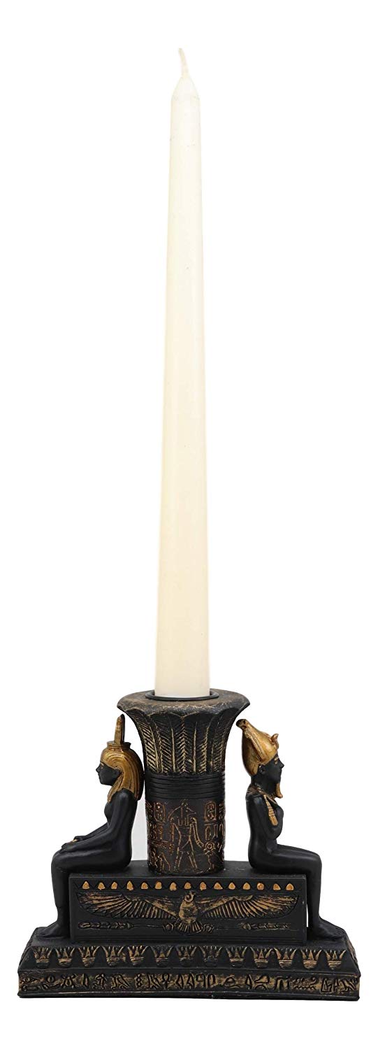 Ebros Ancient Egypt Black And Gold Seated Isis And Osiris Pillar Candle Holder