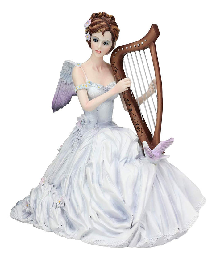 Ebros Angelic Chorus Melody Beautiful Heavenly Angel With Doves Playing Harp Statue 8" Tall By Artist Nene Thomas Fantasy Fairy Bridal Ballerina Christmas Themed Collectible Figurine As Home Decor