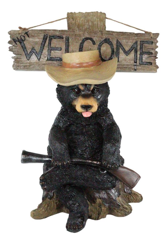 Ebros Angry Black Bear Holding Rifle 15"H Statue With Welcome Or Go Away Plank Sign