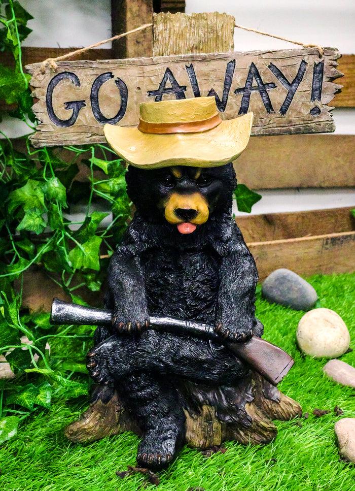 Ebros Angry Black Bear Holding Rifle 15"H Statue With Welcome or Go Away Plank Sign