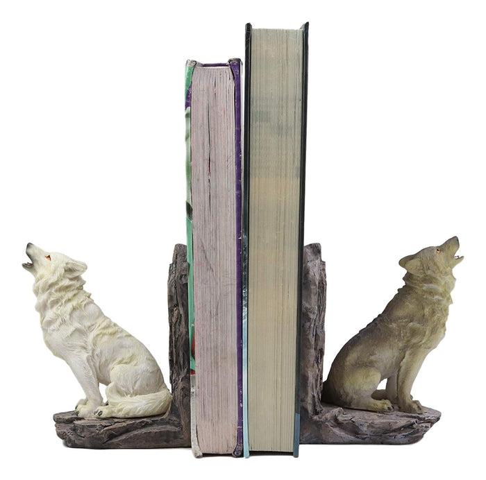 Ebros Animal Totem Spirit Howling Gray And Snow Wolves Decorative Small Bookends Figurine Set 5.5"Tall As Timberwolf Or Wolf Decor For Library Book Shelves Fantasy Sculptures