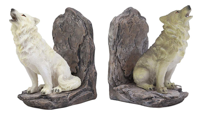 Ebros Animal Totem Spirit Howling Gray And Snow Wolves Decorative Small Bookends Figurine Set 5.5"Tall As Timberwolf Or Wolf Decor For Library Book Shelves Fantasy Sculptures