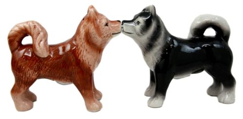 Ebros Animated Dog Siberian Huskies Salt And Pepper Shakers Ceramic Magnetic Figurine Set 4" L Pedigree Dogs Husky Breed Brown And Black Coat Kissing Collectible Figurines Kitchen Decorations