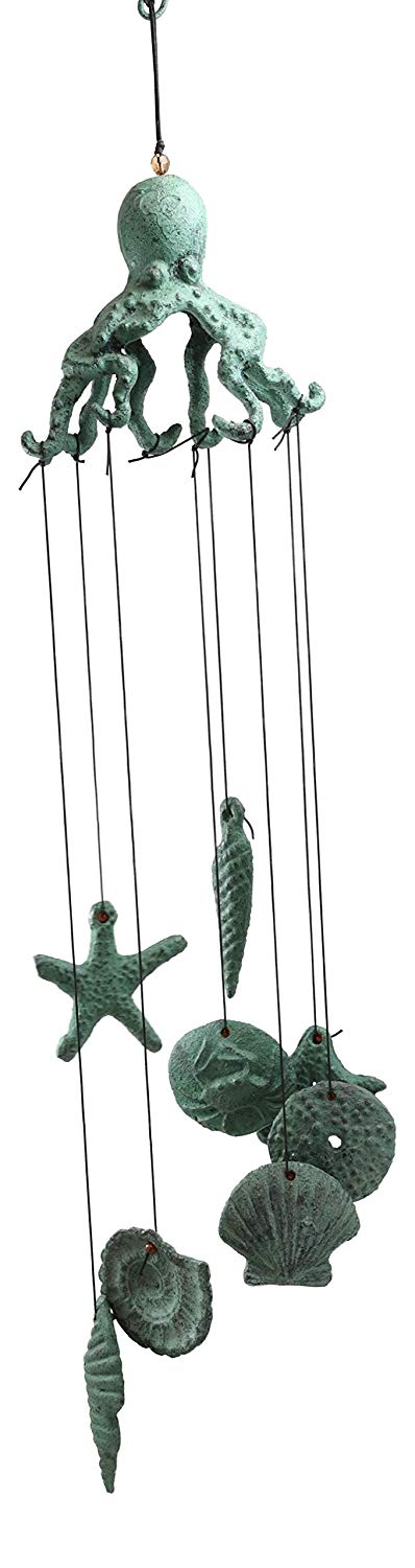 Ebros Antique Verdigris Finish Cast Iron Nautical Marine Sea Octopus Wind Chime Noisemaker Mobile With Starfish And Seashells Ornaments Davy Jones Kraken Cthulhu Outdoors Pool Patio Garden Decorative