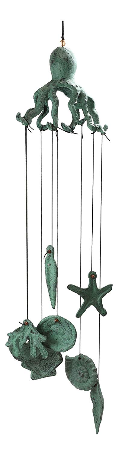 Ebros Antique Verdigris Finish Cast Iron Nautical Marine Sea Octopus Wind Chime Noisemaker Mobile With Starfish And Seashells Ornaments Davy Jones Kraken Cthulhu Outdoors Pool Patio Garden Decorative