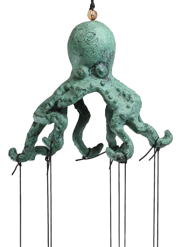 Ebros Antique Verdigris Finish Cast Iron Nautical Marine Sea Octopus Wind Chime Noisemaker Mobile With Starfish And Seashells Ornaments Davy Jones Kraken Cthulhu Outdoors Pool Patio Garden Decorative