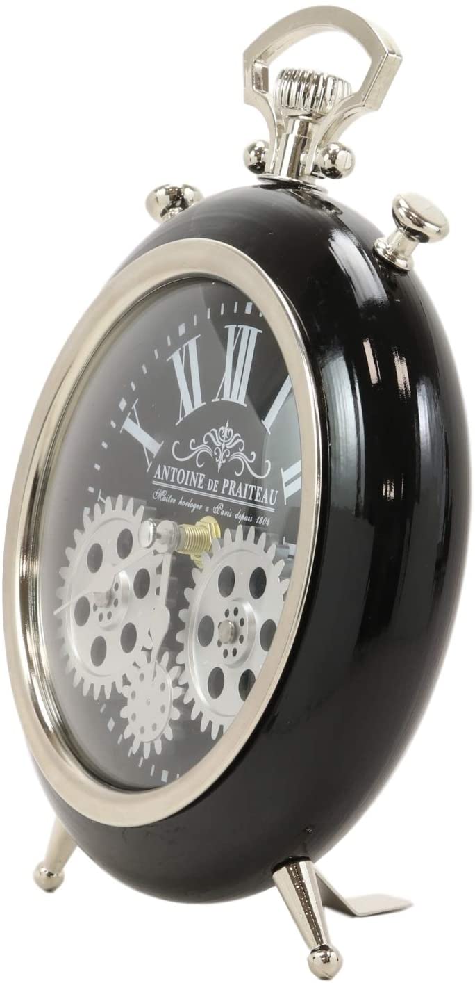 Ebros Antoine De Praiteau Steampunk Mechanical Moving Gears Old Fashioned European Vintage Style Table Clock Victorian Industrial Accent Fantasy Metal Clockwork Gearwork Clocks (Shiny Black)