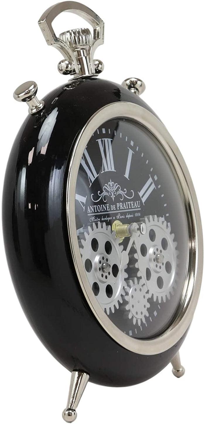 Ebros Antoine De Praiteau Steampunk Mechanical Moving Gears Old Fashioned European Vintage Style Table Clock Victorian Industrial Accent Fantasy Metal Clockwork Gearwork Clocks (Shiny Black)