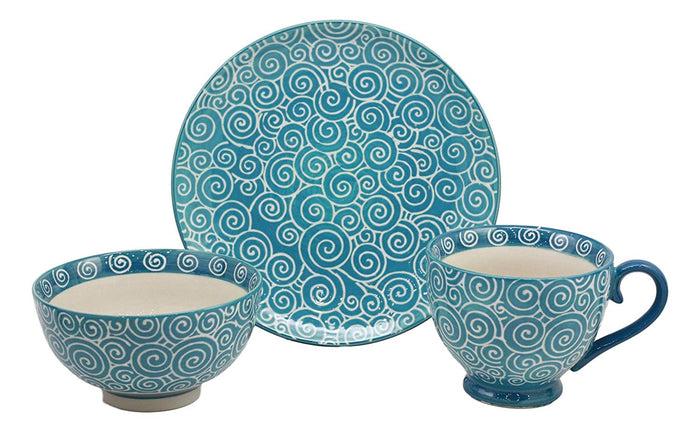 Ebros Aqua Blue Swirls Contemporary Designer Ceramic Dinnerware Bowl Mug Plate Set