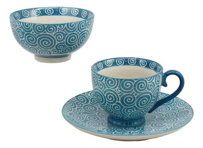 Ebros Aqua Blue Swirls Contemporary Designer Ceramic Dinnerware Bowl Mug Plate Set