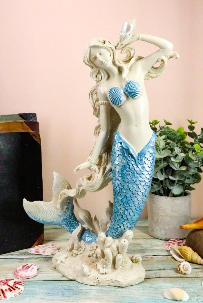 Ebros Aqua Blue Tailed Mermaid Listening To Sconce Figurine 12"H Ocean Goddess